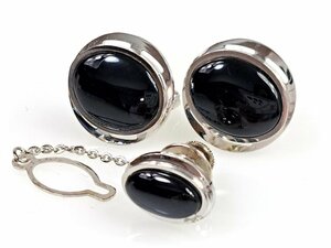  beautiful goods CRYSTAL ONYX black onyx / black . stone natural stone tie tack cuffs set black × silver color YMA-1215