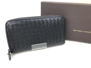 美品　ボッテガ・ヴェネタ　BOTTEGA VENETA　イントレチャート 　ラウンドファスナー　長財布 　ブラック 　メンズ　レディース　YS-621