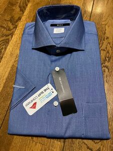 BASIC 半袖スーパーイージーケアワイシャツ　ブルー無地　L(首41㌢) ホリゾンタル　ストレッチ