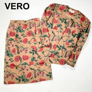 VERO レトロ スーツ 花柄 ノーカラージャケット スカート セットアップ 9号 M レディース シルク混 B42429-106