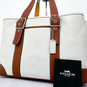 1 jpy # super-beauty goods #COACH Coach charm bai color tote bag business Boston high capacity A4 lady's men's leather white series 