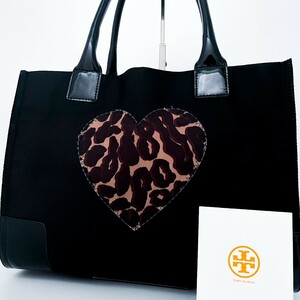 1円■超美品■Tory Burch トリーバーチ レオパード キャンバストートバッグ ビジネス 大容量 A4 レディース メンズ レザー ブラック 黒