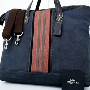 1 jpy # super-beauty goods #COACH Coach rare design 2way Denim canvas tote bag business travel travel high capacity A4 men's leather navy 