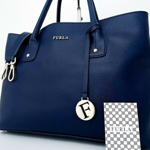 1円■超美品■FURLA フルラ 2way ロゴ チャーム トートバッグ ビジネス ブリーフケース 大容量 A4 レディース メンズ レザー ネイビー 紺色