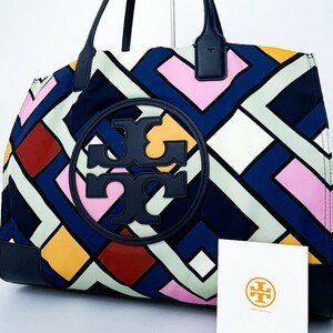 1 иен ~# очень красивый товар #Tory Burch Tory Burch парусина ela общий рисунок большая сумка бизнес большая вместимость A4 женский мужской кожа многоцветный 