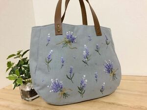  hand made * hand embroidery lavender * bouquet soft round tote bag 