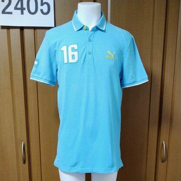 プーマ半袖ポロシャツS-M　サックスブルー　アルゼンチン国旗ワッペン付き　胸に「16」PUMAロゴ刺繍状態も良好　サッカーゴルフ他