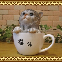 ねこ　置物　ティーカップキャット　アメリカンショートヘアー　リアルな猫のオブジェ　ネコのフィギュア　ガーデニング　インテリア　玄関_画像3