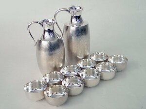 * original silver made sake cup and bottle stamp equipped sake bottle . sake cup gross weight 445.1g ( sake bottle ×2, sake cup ×10).. sake cup and bottle set ( control AZ-285)