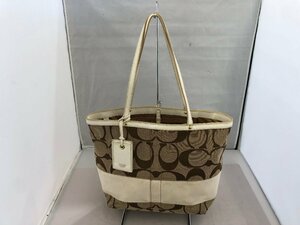 【COACH】コーチ　ラージシグネチャー　トートバッグ　ベージュブラウン×ホワイト　合成繊維×レザー　SY02-EYP