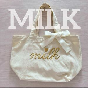 MILK ミルク　ミニトートバッグ　ランチトート　ゴールド刺繍　金色　ベージュ キャンバス