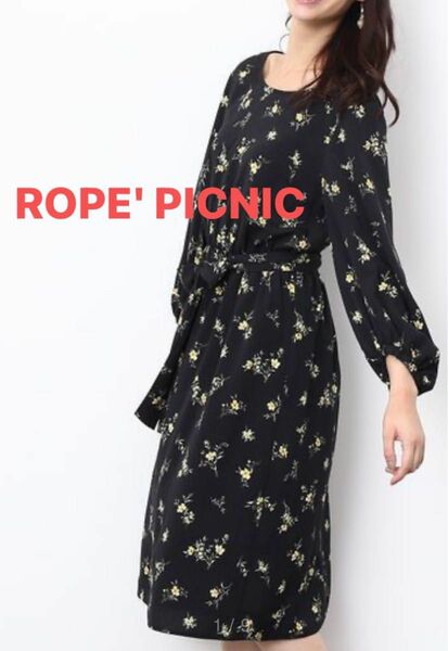 美品　ROPE' PICNIC　レディース　ワンピース　花柄　ブラック　半端袖　ひざ丈　ロペピクニック　