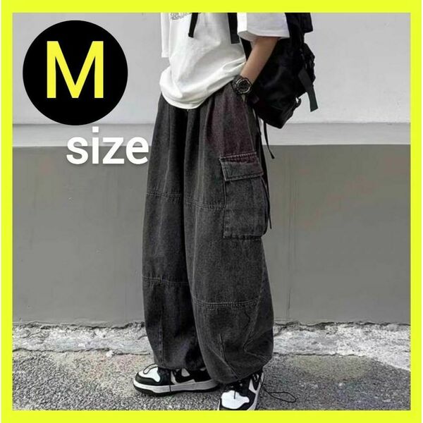 【新品】黒デニム　カーゴパンツ　ワイドパンツ　韓国　ストリート　Mサイズ