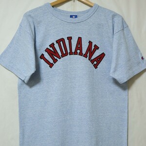 90s USA製 Champion 青タグ ビンテージ チャンピオン INDIANA カレッジ プリント 半袖 Tシャツ L サイズ ブルー 杢 霜降り 袖 シングル //