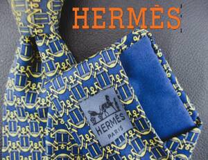 【美品】HERMES／エルメスネクタイ　フランス製　ネイビー系／イカリパターン柄　２本以上ご購入で送料無料　S392