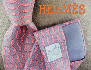 【美品】HERMS／エルメスネクタイ　フランス製　ネイビー系／網目状プリント柄　２本以上ご購入で送料無料　S442