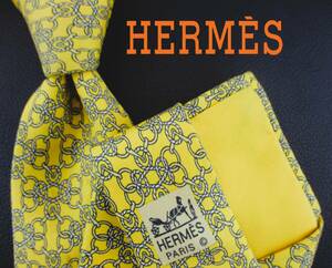  HERMES／エルメスネクタイ　フランス製　イエロー系／harness(馬具)ロープandリング柄　２本以上ご購入で送料無料　S446