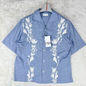 新品未使用タグ付き L~XL.LL ザラ ZARA 半袖シャツ オープンカラーアロハシャツ 花柄刺繍 リネン混 麻 メンズ ブルー