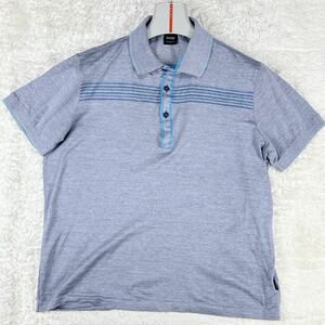 1円 美品 L~M ヒューゴボス HUGO BOSS 半袖ポロシャツ ボーダー 総柄 涼しげ ゴルフ メンズ グレー系