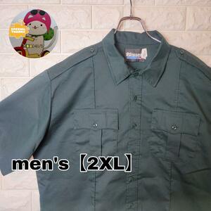 B874【Blauer】半袖ワークシャツ【メンズ2XL】グリーン系