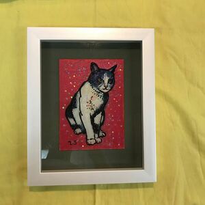 ラメ入り猫画　新品額入り作品