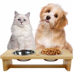ECOMEX 猫エサ台、木製15度斜めネコ食器、犬食事台、ペット餌入れ、犬猫用