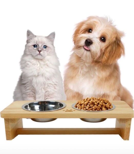 ECOMEX 猫エサ台、木製15度斜めネコ食器、犬食事台、ペット餌入れ、犬猫用