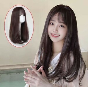 ダークブラウン ウィッグ ロング ストレート フルウィッグ 耐熱 ぱっつん ネット付 ヘアアレンジ 自然 軽い 医療用 耐熱 女性用 かつら