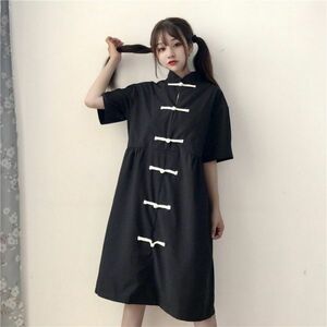 Cheongsam Стиль Лолита Платье Больной Милый Harajuku Sick Kawa Синяя буква Китайская Лоли Черный