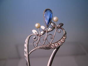 【江月】アンティーク・愛らしいブルー硝子と真珠玉飾りのかんざし 共ケース付