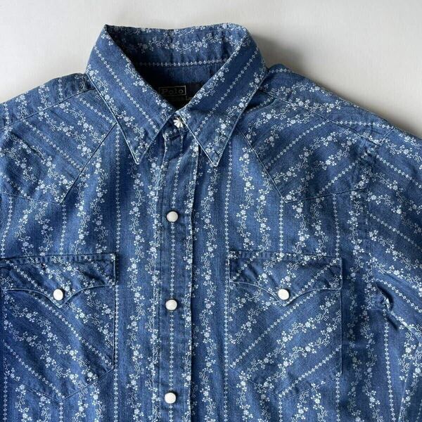 Polo Ralph Lauren × Naiomi Grass “Indigo Western Shirt” S ナバホ ストライプ インディゴ ウエスタン シャツ ネイティブ リネン RRL