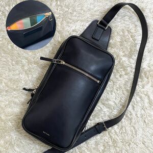 《未使用級》ポールスミス ボディバッグ マルチストライプ オールレザー Paul Smith ショルダーバッグ 斜め掛け 本革 メンズ ブラック 黒