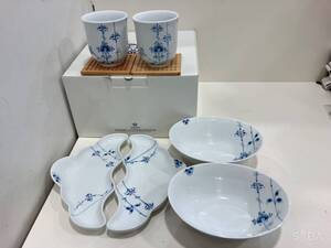 ◆【未使用】 Royal Copenhagen Blue Palmette ロイヤルコペンハーゲン ブルーパルメッテ クレセントディッシュ カップ ボウル ペアセット