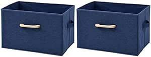 [山善] 収納ボックス 2個組 木製取っ手 前面麻風生地 カラーボックス対応 幅38×奥行25×高さ25cm 完成品 ネイビー Y