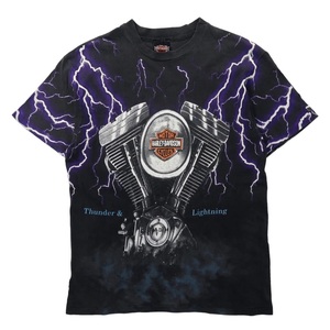 USA製 HARLEY DAVIDSON 90年代 オーバープリント Tシャツ M ブラック 総柄 雷 稲妻 THUNDER & LIGHTNING コットン HANES BEEFY-T