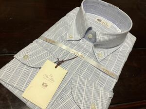 La fete bleu MADE IN HITOYOSHI ☆サックスブルーチェックワイシャツ　L(41-84)　ボタンダウン　百貨店販売品　人吉産