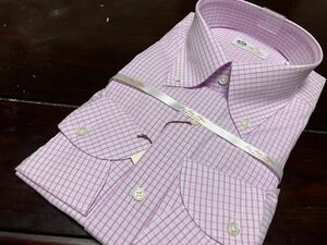 La fete bleu MADE IN HITOYOSHI ☆紫チェック　ボタンダウンワイシャツ　L(41-84)　百貨店販売品　人吉産