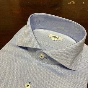 ABITRE51★半袖　ブルー織柄形態安定ワイシャツ　L(首41㎝)　ホリゾンタル