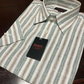 RARITY　メンズ半袖カジュアルシャツ　L(首41㎝)　ブラウン&グリーンストライプ　送料無料 本麻でこの価格