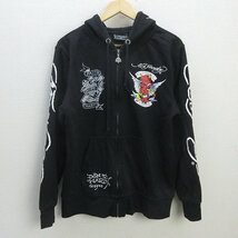 G■エドハーディー/EDHARDY フルジップパーカー【XL】黒/men's/5【中古】■_画像1