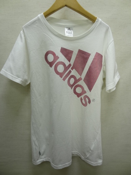 全国送料無料 アディダス adidas レディース 綿70%ポリエステル30%素材 白色 ラメ入りBIGロゴプリント 半袖 スポーツTシャツ Lサイズ