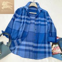 ★大きいサイズ★バーバリー★BURBERRY 40/11号/L ロイヤルブルーメガチェックデザインシャツ UV冷房対策羽織りにも☆大人の上質カジュアル_画像1