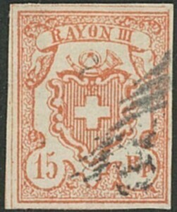 外国切手　スイス　使用済み　1852年　15ｒ　数字小