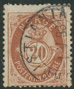 外国切手　ノルウェー　使用済み　1882-93年　ポストホルン王冠　20o（43）