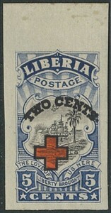 外国切手　リベリア　未使用　1918年　赤十字加刷5c+2c　無目打　単片　1種　OH