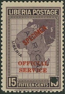 外国切手　リベリア　みほん　1928年　公用（o163）　SPECIMEN加刷　パンチ穴　1種