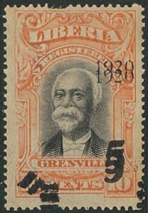 外国切手　リベリア　未使用　1921年　書留用切手に加刷　5c/10c　橙二重加刷＋横向き加刷　1種　OH