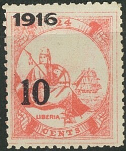 外国切手　リベリア　未使用　1916年　加刷10c/24c　加刷左ズレ　1種　NG