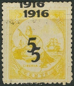 外国切手　リベリア　未使用　1916年　加刷5c/12c　二重加刷　1種　OH
