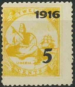 外国切手　リベリア　未使用　1916年　加刷5c/12c　加刷右ズレ　1種　NG